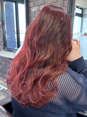 レッドブラウン 韓国風巻き髪 デジタルパーマ ダブルカラー