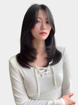 大人美人ハイレイヤーぱっつん前髪黒髪ロングワイドバンクカール