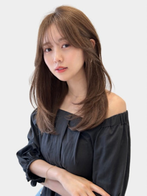 こなれミディモテ髪薄めバング前髪デジタルパーマ大人レイヤー