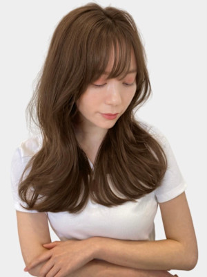 大人美人ハイレイヤーぱっつん前髪黒髪ロングワイドバンク小顔