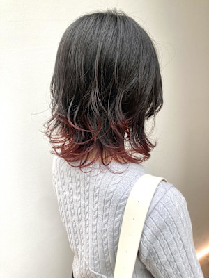 黒髪/グレーベージュ/レイヤーロング/前髪パーマ