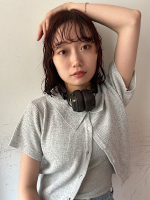 オレンジピンク×ボブパーマ