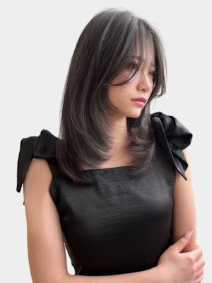 くびレイヤー前髪ピンクベージュエモージュインナーグレージュ