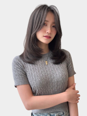 大人美人ハイレイヤーぱっつん前髪黒髪ロングワイドバンク小顔