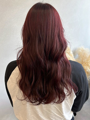 ブリーチなし暖色カラーチェリーレッド＊コテ巻きラフウェーブ