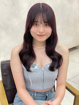 ブリーチなしカラー　艶感　ピンクベージュカラー　くびれミディ