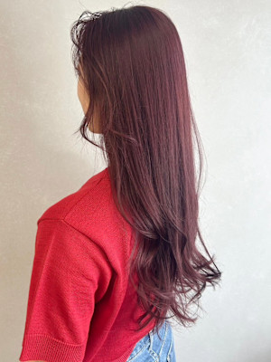 ブリーチなし暖色カラーチェリーレッド＊コテ巻きロングヘア