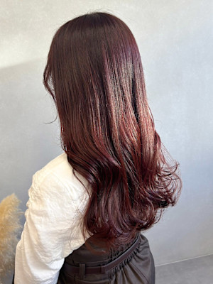 ブリーチなし暖色カラーカシスレッド＊ゆる巻きロングヘア