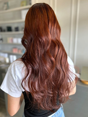 オレンジベージュ　ロングウェーブ　ダブルカラー　暖色系