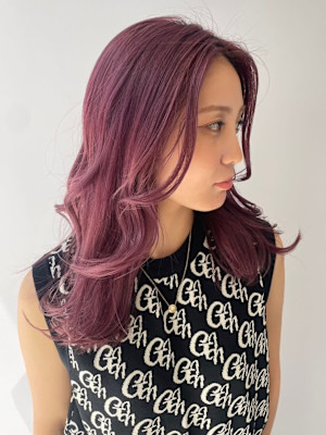 ハイトーン　ピンクパープル　ワンレン　顔周りアレンジ