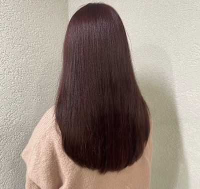 レッドブラウンロングレイヤー前髪イメチェン所沢