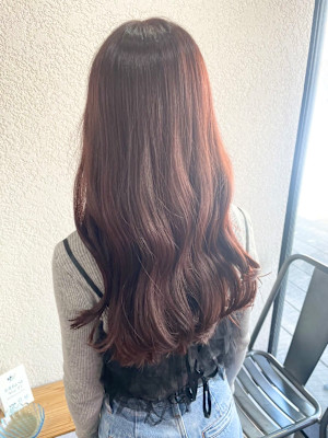 ピンクブラウンロング前髪イメチェン所沢ケアブリーチ