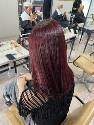ピンクブラウン前髪イメチェンロングレイヤー所沢練馬
