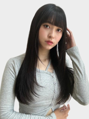大人美人レイヤーぱっつん前髪黒髪ロングワイドバンク小顔