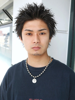 ワイルドスパイキーショート アップバング 黒髪 メンズサロン