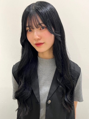 ブルーブラック　ロングレイヤー　顔周りカット　韓国風