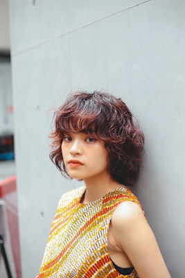 オレンジ×レイヤーボブパーマ