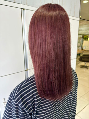 ダブルカラーダークレッドブラウンセミロングエモージュカラー