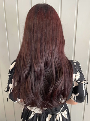 ピンクブラウン　ゆる巻きロング　ブリーチなしカラー　暖色系