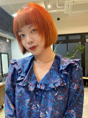 髪質改善カラー オレンジカラー ハイトーンボブ 前髪カット