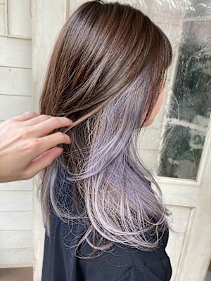ロングレイヤーインナーカラーグレージュ×ペールパープル