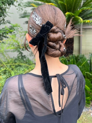 カチモリ　ツインお団子　ベロアリボン　結婚式アレンジ　韓国