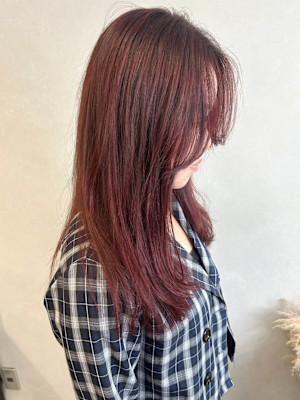暖色カラーチェリーレッド＊抜け感顔まわりレイヤーカット