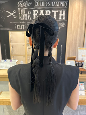 三軒茶屋_ヘアアレンジ_ヘアセット_ツイン_リボン_黒髪