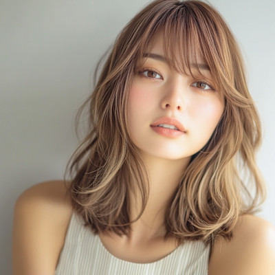  大人カジュアルなミディアムヘア小顔効果ヘア