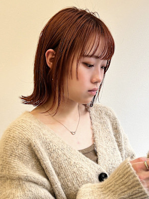 ★愛されセミディ姫カット外はねボブ 艶髪 アプリコットオレン