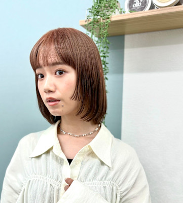 切りっぱなしボブ/ニュアンスカラー/アプリコットカラー