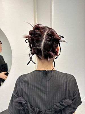 ボブヘアアレンジ/ツインシニヨンアレンジ/リボンアレンジ