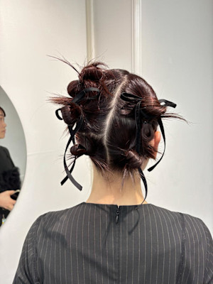 ボブヘアアレンジ/ツインシニヨンアレンジ/リボンアレンジ