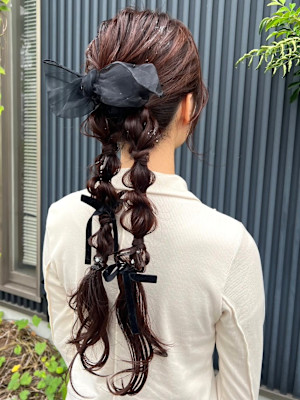 編み下ろしツイン　リボンアレンジ　お呼ばれ　ヘアセット