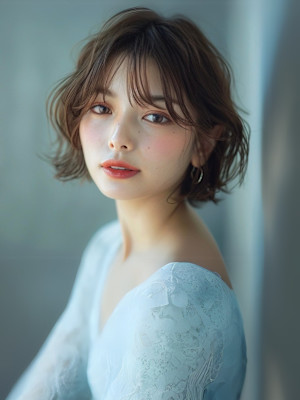 ふんわりショートボブ　ゆる巻き　顔周りレイヤー　ベージュ