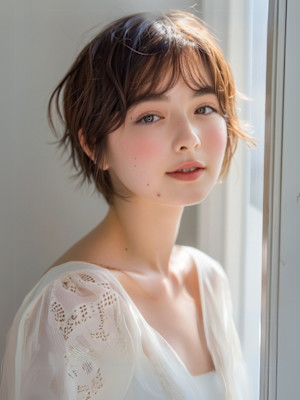 ベージュカラー　ショートマッシュ　小顔バング　20代　30代