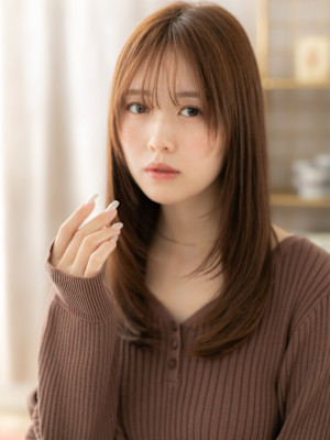 ミルクティーピンクレイヤーカット艶ロング　姫カットレイヤー