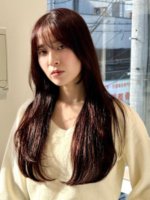 韓国風レイヤーブリーチなしワインレッドボルドー赤髪艶カラー