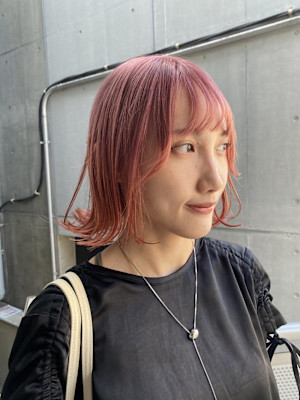 切りっぱなしボブ エアリーロング 美髪ピンクブラウン