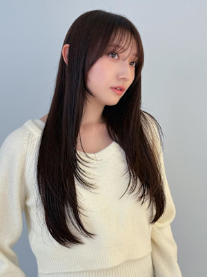 韓国風レイヤーブリーチなし透明感ブラウンワンカールストレート