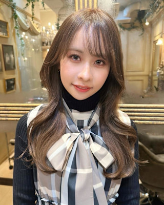 マロンベージュ姫カットレイヤー韓国風ヘア顔周りレイヤー