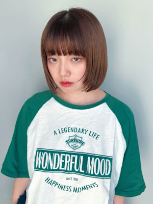 ボブ/顔まわりレイヤー/オレンジベージュ/前髪