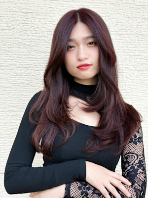 小顔前髪ワンカールくびレイヤーカット黒髪ネビージュ