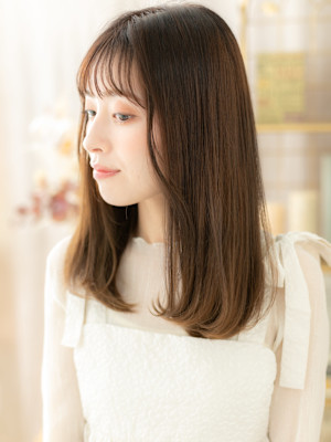 暗髪ココアベージュ小顔サラ艶ロングレイヤー　マロンベージュ