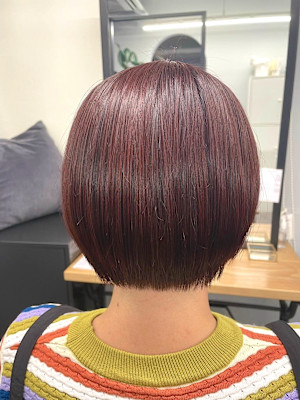 暖色系アッシュチェリーレッドブラウン丸みボブショート