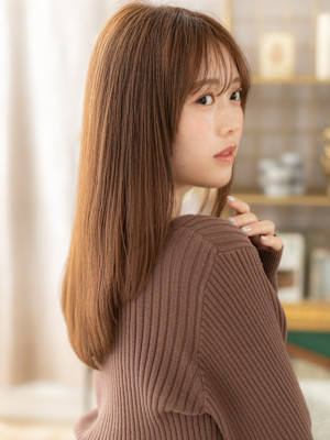 ミルクティーピンクレイヤーカット艶ロング　姫カットレイヤー