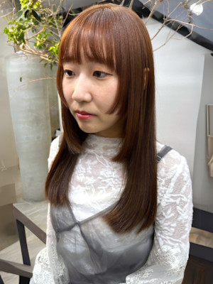 ブリーチなしオレンジベージュ　姫カットレイヤー　ロング