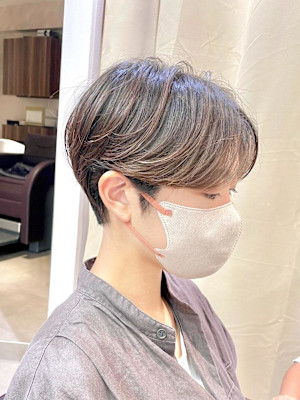大人丸みショート×ナチュラルハイライト前髪なし30代40代