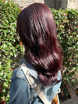暖色カラーチェリーレッド＊ゆる巻きロングヘアボルドーカラー