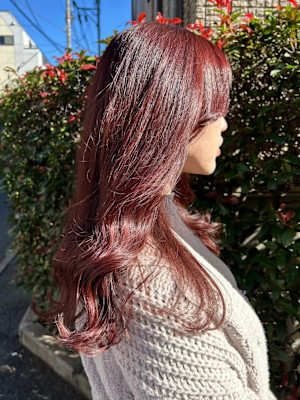 暖色カラーチェリーピンクロング＊ゆる巻きボルドーカラー